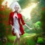 Placeholder: young lady walk in garden with red shirt and white hair