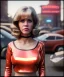 Placeholder: Ultra Realistic retro sci-fi movie Supermarket parking people scene, 1960 year, waist up view portrait, 2 clones blonde women, sweet teenager Jane Fonda face, perfect iris, glow eyes, face makeup, tight latex coat. many people looking, Retro sci-fi style, soft color, highly detailed, unreal engine 5, ray tracing, RTX, lumen lighting, ultra detail, volumetric lighting, 3d, finely drawn, high definition, high resolution.