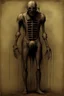 Placeholder: The full body of a prisoner man with iron mask Scary face , decayed and rotting with grotesque proportions and imagery. abstract grotesqueries, detailed texture, surreal horror, biomechanical design, by hr giger and beksinski