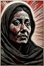 Placeholder: create an abstract, deeply powerful tragic and evocative, full body color woodcut of a raw and weathered Palestinian woman with highly detailed and deeply cut facial features, lost in a horrific post apocalyptic Gaza, in the style of KATHE KOLLWITZ , searing lines and forceful strokes