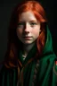 Placeholder: A girl with red hair and green eyes and she is wearing a Hogwarts robe