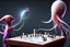 Placeholder: a photorealistic squid-like alien teaching chess to a young boy in Vancouver City
