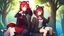 Placeholder: Two Girls, red hair, raccoon ears, raccoon tail, raccoon face, forest, sit on tree, raccoon paws on hand, paws on foot, coat on neck,with tongue out