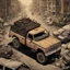 Placeholder: pickup truck top view, illustration, aged, comic book, post-apocalyspe,