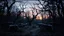 Placeholder: A post-apocalyptic forest at dusk, twisted trees growing through the wreckage of rusted vehicles, the silence broken only by the rustling of unseen creatures.