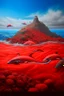 Placeholder: A red volcanic island with dolphins painted by Zosan