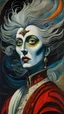 Placeholder: Max Ernst, Jean Cocteau, Jaume Capdevila, surrealist style closeup full body portrait painting of a Renaissance era female vampire with highly detailed hair and facial features, traversing the multiverse of transformative and expanded consciousness, blurring the boundaries between mortal and immortal in search of a mythical paradise, sharply defined and detailed, 4k in subdued natural colors