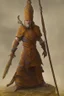 Placeholder: The monk stands with feet shoulder-width apart, holding the spear diagonally across his body with both hands.