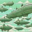 Placeholder: Mint colored airships in the sky designed in ancient Greek mosaics painted by MC Escher