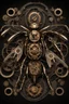 Placeholder: steampunk metal insect with wings, surrounded by cogs and springs, black background