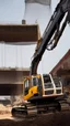 Placeholder: close up photography of a 58-year-old Italian man , strong burly chubby sweat, maneuvers a large excavator in a construction area under the sun, shirtless with safety vest and white see through mesh underwear, opened big legs, backide, looking forward, big belly, curly beard, ambient occlusion, frontal view, 4k, view from the bottom