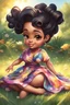 Placeholder: An airbrushed chibi black cartoon of a curvaceous woman with flowing black hair twisted up, wearing a colorful maxi dress. She sits relaxed on the grass facing the warm sunlight, which illuminates her face as she looks to the side with a small smile, accentuating her prominent makeup and brown eyes.