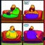 Placeholder: comicbook, 2 panels, in the left panel, a fat, bearded man watches the tv, in the right panel, the tv watches the man