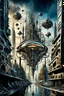 Placeholder: a stunningly weird image of a futuristic metropolis using Salvador Dali's paranoiac-critical method, where buildings and structures appear to melt into the skyline cityscape is filled with floating mad, twisted sharp metal shapes that interact with the buildings and each other, forming a surreal tableau of a dreamlike reality. neu-steampunk vibe, essence of the scene in a cinematic manner, with dramatic shadows that enhance the distorted perspectives and bizarre, futuristic surreal vibe