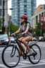 Placeholder: a full body teen ager girl driving a bicycle in modern city street, no safty hat