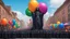 Placeholder: 200 ft tall floating cartoonish jesus parade balloon pulled by multiple grim reapers, multi colored, bright, vivid, psychedelic, high detailed, high gloss, insanely detailed, matte, horrorcore, lining the street, unsettling contrast, monument to death, live action shot grim reaper parade, pulling a jesus parade float