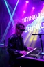 Placeholder: French cool synth player with crazy techno acid hair, he is called "Jean-Maurice Brûlée" performing at dance club, his name is "Jean-Maurice Brûlée" , white and purple Neon lights and purple smog, yellow shower rain, and "URINIUM" big sign on the wall, he is playing on synthesizers on stage with lot of laser beams and wearing black sunglasses, an earth is projected in background