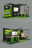 Placeholder: Corner green exhibition stand of a food company with product displays and a meeting area