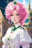 Placeholder: 2D anime style. With hair like cotton candy, pink and bright, Eyes of emerald, shining with pure delight. In a white and navy uniform she stands, A sparkling green diamond adorning her commands. Surrounded by a palace, regal and grand, Where vivid colors paint a kingdom's brand. She's a vision of enchantment, a royal sight, In this magical realm, where dreams take flight.