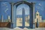 Placeholder: an open gothic gate in a blue-tiled wall with a view of an old city by artist "Rene Magritte",by artist "Leonora Carrington"