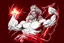 Placeholder: Detailed and realistic illustration of Greek god Zeus holding holding lightning. Vintage style illustration. Red and white lightning. Ultra high resolution.