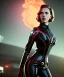 Placeholder: retro sci-fi portrait image from 1960, supermarket parking explosion, fire, classic black widow, young Scarlett Johansson, classic black tight lycra latex suit, retro superhero style, soft color, highly detailed, unreal engine 5, ray tracing, RTX, lumen lighting, ultra detail, volumetric lighting, 3d, finely drawn, high definition, high resolution.