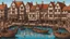 Placeholder: gothic medieval wooden harbour with piers and ships, people, shops, bridges, arches, balconies, taverns, blue sky