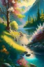 Placeholder: full light,highlight, trees, river, day, sun day, an idyliic forest with bright colorful flowers, mountains, sun,flower, a small river, paradise, on a canvas. realistic art, brush, pencil, detailed