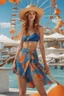 Placeholder: Full body of beautiful girl nami, Hair Color: Orange, Style: Wavy, Outfit Top: Blue, Outfit Bottom: Orange, Shoes: Brown, Accessories: Tangerine, Weapon: Clima-Tact, Hat: Straw, Tattoo: Pinwheel, Earrings: Hoops, sophisticated,, beautiful woman, hyper realistic, hyperrealism, photoreal, realistic, photorealistic, soft pastels, full-body, standing, long shot, wide angle, aesthetic