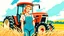 Placeholder: pretty 20 years old girl, dressed in work overalls, stands new tractor with open cabin, sunny day, field of wheat around, pin-up