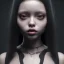 Placeholder: Celebrity Jenna ortega, black make up, black dress, wednesday hair, addams family style, hyper detail, octane render, unreal engine 5, photorealistic, 8k resulation