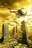 Placeholder: helicopters dropping dollar bills Robert Kiyosaki standing on golden skyskraper city burning in background STYLE OF HIROKU OGAI