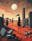 Placeholder: long-legged surreal lean black-grey figures with beak-shaped heads in overcoat, profile, semi-silhouettes among ramshackle ruins in a barren landscape of red, yellow, black and beige colors, intricate acrylic painting