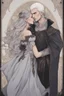 Placeholder: Strahd Von Zarovich being kissed by a beautiful woman with white hair, wearing an off the shoulder dress. Settling and background are a lavish toomb with an ebony coffin.