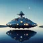 Placeholder: Chris foss style one large intricate blue space craft , hatches and antennas and soda lights , portholes , on a wide lake on a summers evening, Sweden , luminescent ,35 mm focal length