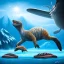 Placeholder: baby swimming in the artic with prehistoric creatures, fantasy art