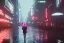 Placeholder: 3D, beautiful, light reflecting, empty future city at night, rainy night, neon, cyberpunk, tron, person with helmet walking, 8k, finely detailed, photo realistic