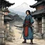 Placeholder: [art by Kevin Eastman and Peter Laird] this Nomadic Japanese woman stands at the border of the medieval town with her katana