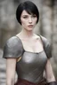 Placeholder: Scandinavian medieval woman with black short hair, pale skin, pretty lips, muscular