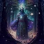 Placeholder: The Muslim commander in a battle dress made of galaxies and stars with a glove that has seven endless stones with a powerful army behind him A forest with dense trees