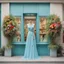 Placeholder: A fashion store in delicate light blue with green decorations, a large window pane with dresses in all bright colors. In front of the store on each side there is a large plant with bright, colorful flowers!No People