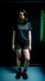 Placeholder: generate a full-length girl with gray-green sad eyes, with dark hair above the shoulders, a round face, not very plump lips, in a black T-shirt with a red print, short shorts, blue socks