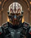 Placeholder: star wars heavily scarred head bald male corellian jedi wearing gunmetal grey and black old republic armored flightsuit and breath mask with gold and metallic red trim inside the jedi temple, centered head and shoulders portrait, hyperdetailed, dynamic lighting, hyperdetailed background, 8k resolution, volumetric lighting, light skin, fully symmetric details