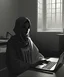 Placeholder: . A monochromatic scene of an old building being taken over by digital realms, as if merging both physical and virtual worlds together. A young woman wearing traditional clothing is seated at her laptop in the center of this chaotic scene, creating a contrast between traditional values and modern technology. Rendered in a minimalist art style with sharp edges and contrasting shadows for an eerie atmosphere.