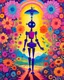 Placeholder: psychedelic colorful silhouette, robot holding hands with little girl, illustration by John Kricfalusi, maximalism, flowers