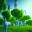 Placeholder: energy, power plant, technology, green trees, blue sky, people