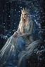 Placeholder: Elven princess,elven crown,long blonde golden hair,rapunzel hair,ice flowers,beautiful,light blue,dark blue,golden armor,sparkle,glitter,ice flowers,snow,elven ears,dark fairy princess