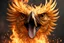 Placeholder: Phoenix golden bird troughing fire from his mouth and looking to the camera.