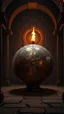 Placeholder: Create an image of old copper sphere with strange runes in side a temple with dim light of fire torch on the wall in the background