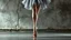 Placeholder: a bizarre surreal image where a dancer's legs there are bloody wounds just on both two foot and toes, her gray balett dress completely drenched in sweat, she standing on tiptoe in a perfect dance pose in bloody ballet shoes, around her a fade gray vortex with glitters, capturing grasping the difficulty of dance, self-sacrifice, striving for perfection the impressive pose achieved through hard work, the beauty of dance, vertical light on the dancer, blur background is a cracked wall , cinematic